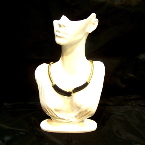 Art Deco Gold Tone Black Enamel Wave Twist Necklace - Picture 1 of 5